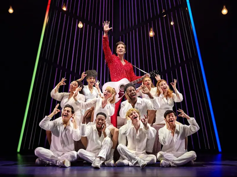 01 Nick Fradiani as -Neil - Then- (center) and -The Noise- in A Beautiful Noise: The Neil Diamond Musical - Photo credit Jeremy Daniel Large