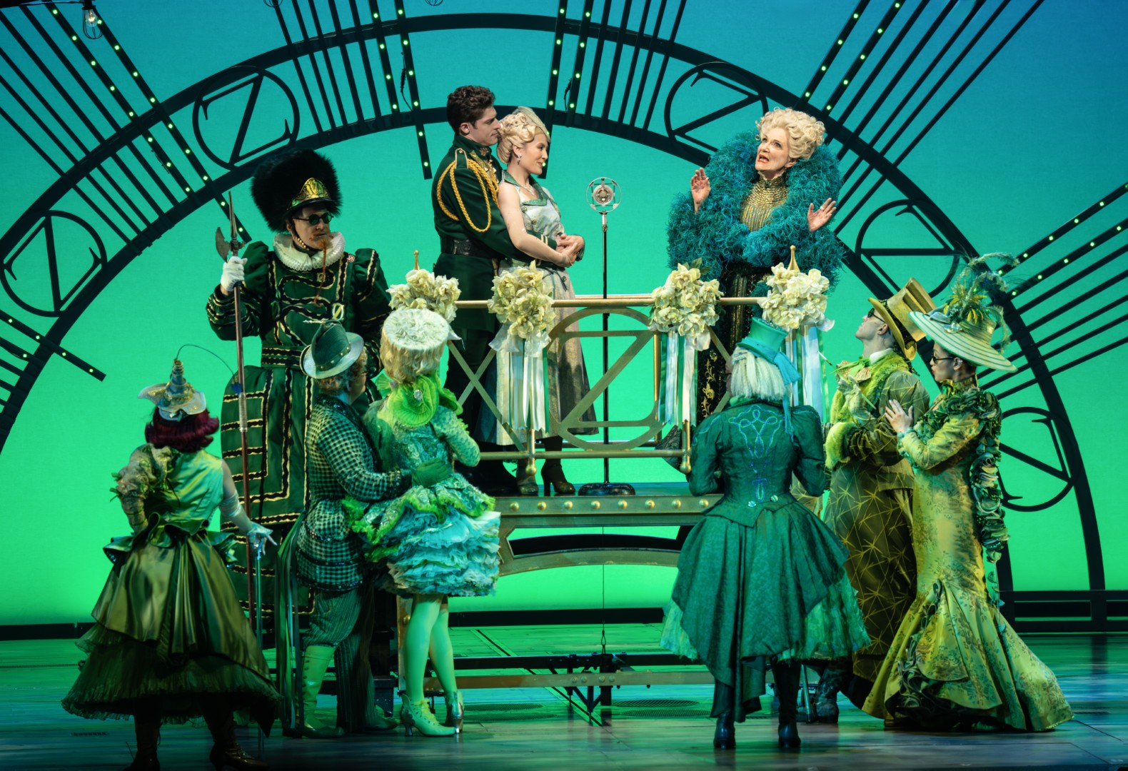 Ethan Kirschbaum as Fiyero, Zoe Jensen as Glinda, Eileen T-Kaye as Madame Morrible and the National Touring Company of WICKED, photo by Joan Marcus (0603r) (Large)