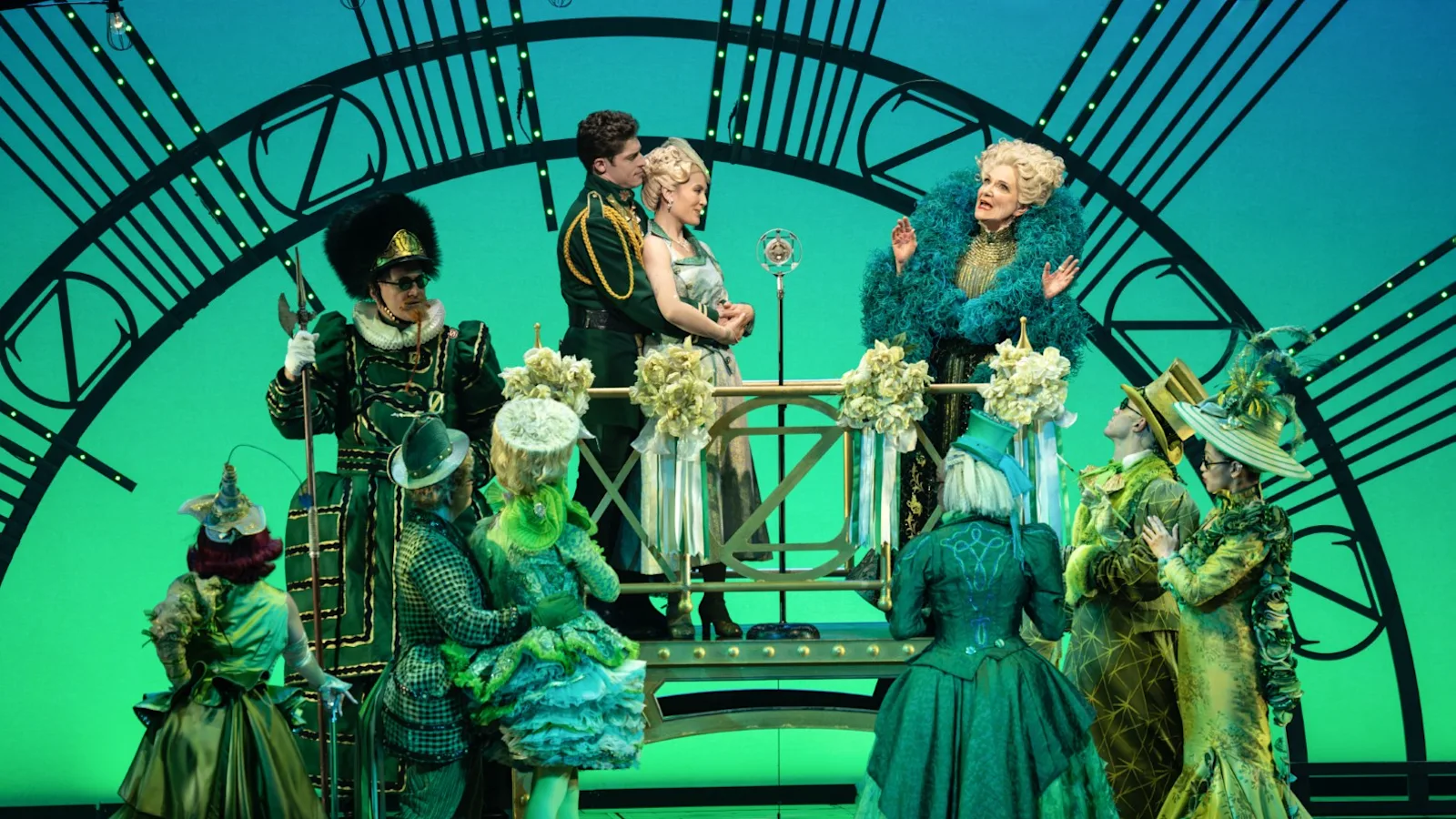 Ethan Kirschbaum as Fiyero, Zoe Jensen as Glinda, Eileen T-Kaye as Madame Morrible and the National Touring Company of WICKED, photo by Joan Marcus (0603r) (Large)
