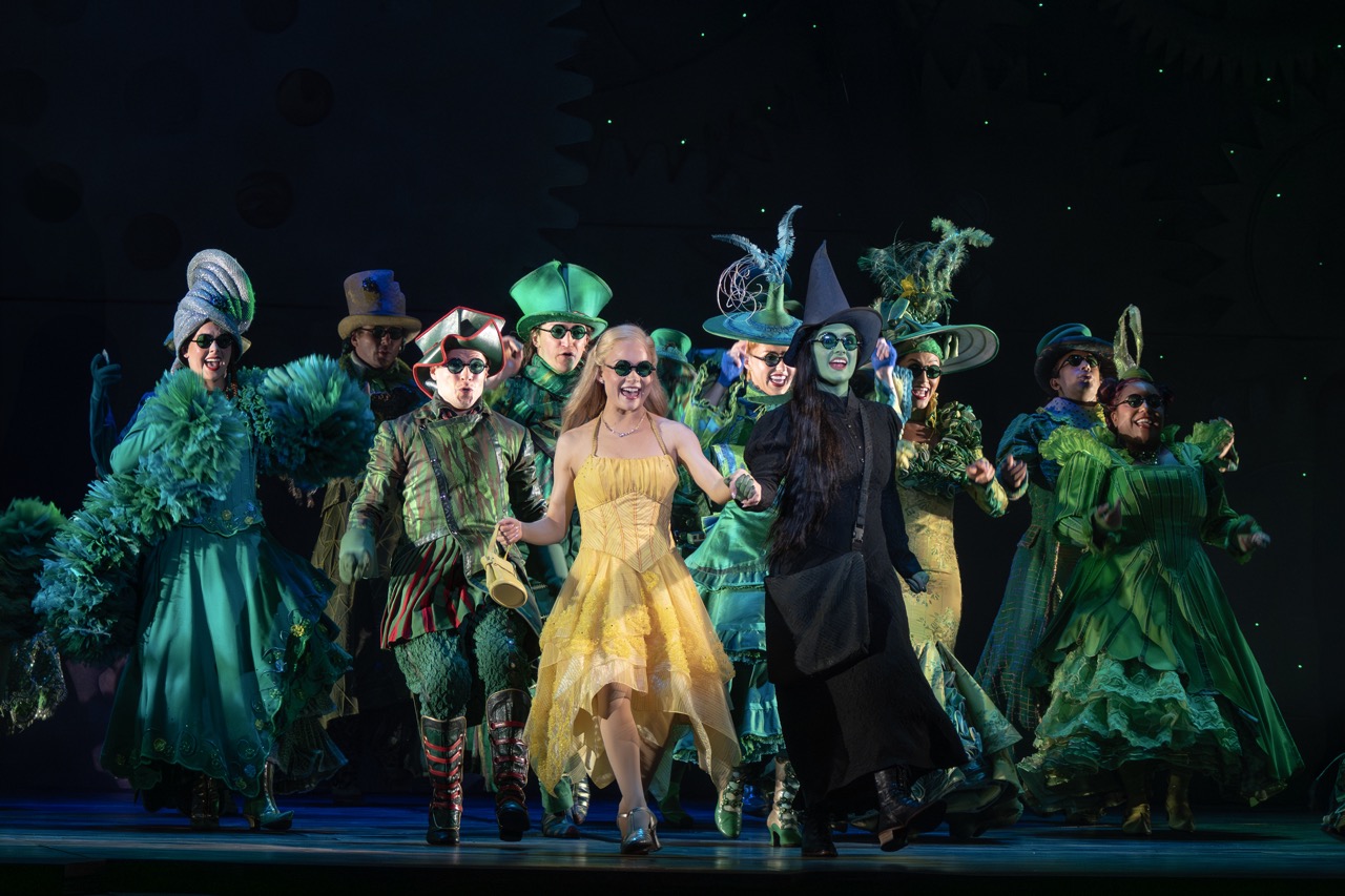 Claudia Bennett as Glinda and Aline Mayagoitia as Elphaba (center) and the North American Touring Company of WICKED, photo by Joan Marcus (0871r) Large