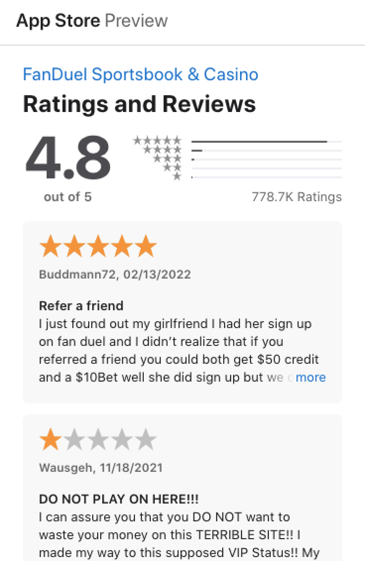 Apple App store ratings and reviews for the Fanduel app