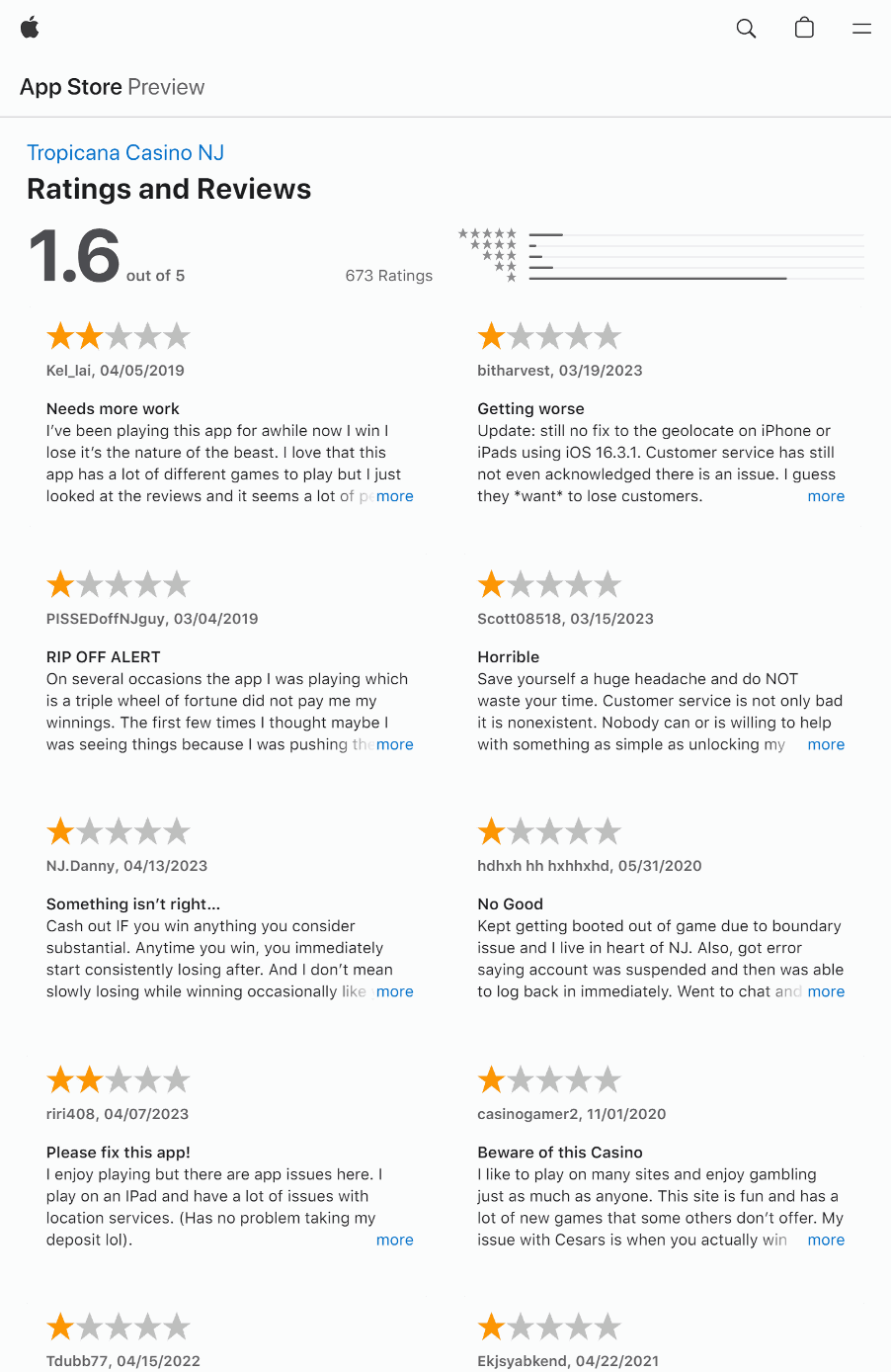 Apple App store ratings and reviews for the Tropicana NJ