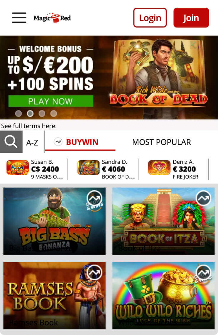 Magic Red casino app home screen