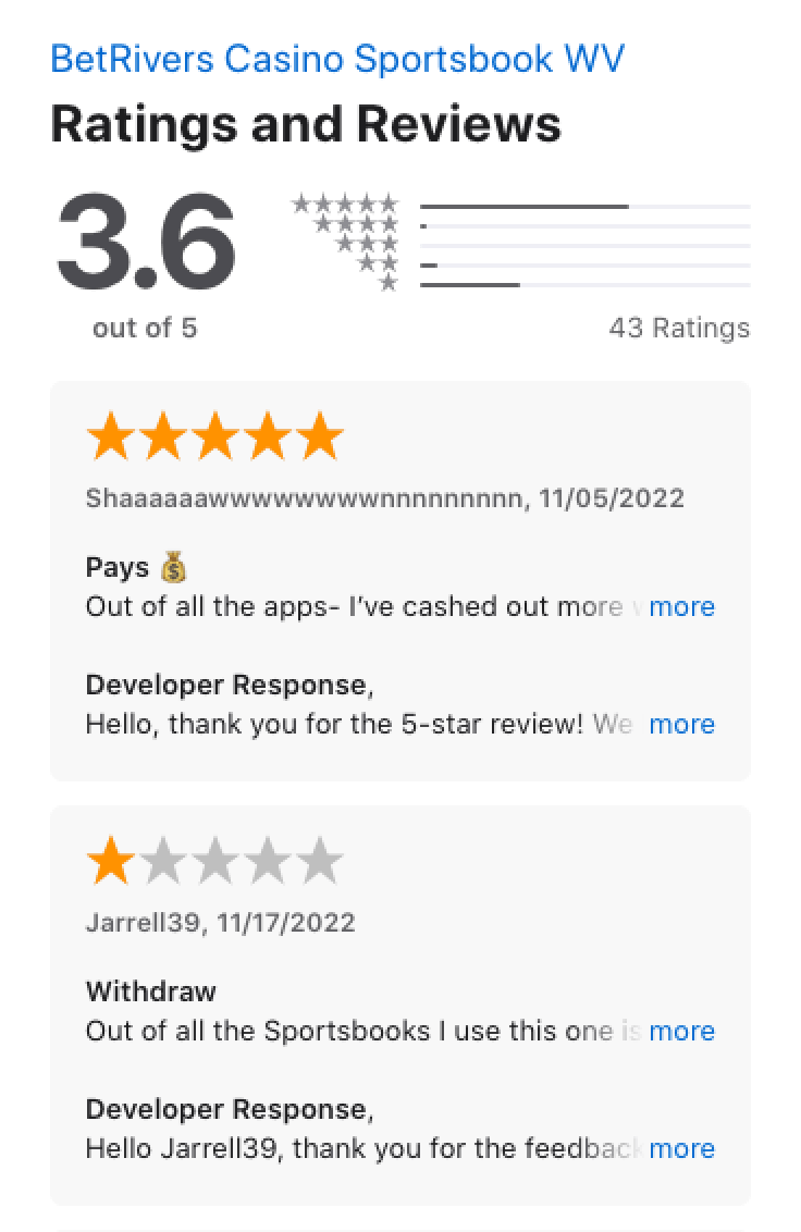 Apple App store ratings and reviews for the Betrivers app