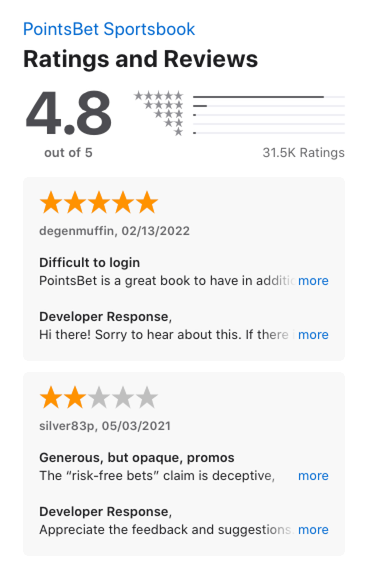 Apple App store ratings and reviews for the Pointsbet app