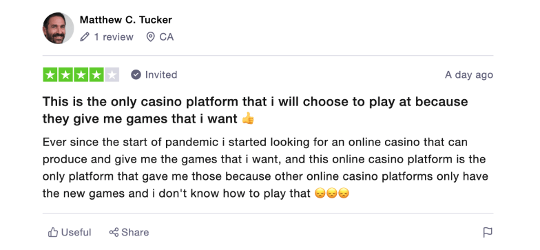 Example of a Trustpilot review for Spin Casino