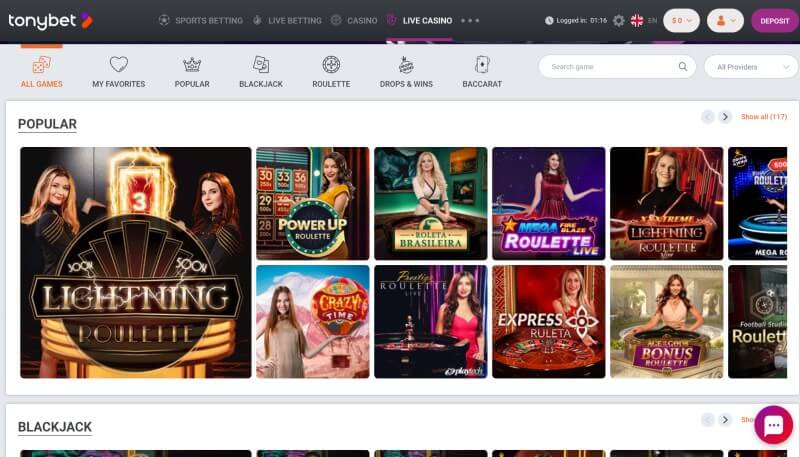 TonyBet Live Casino Lobby