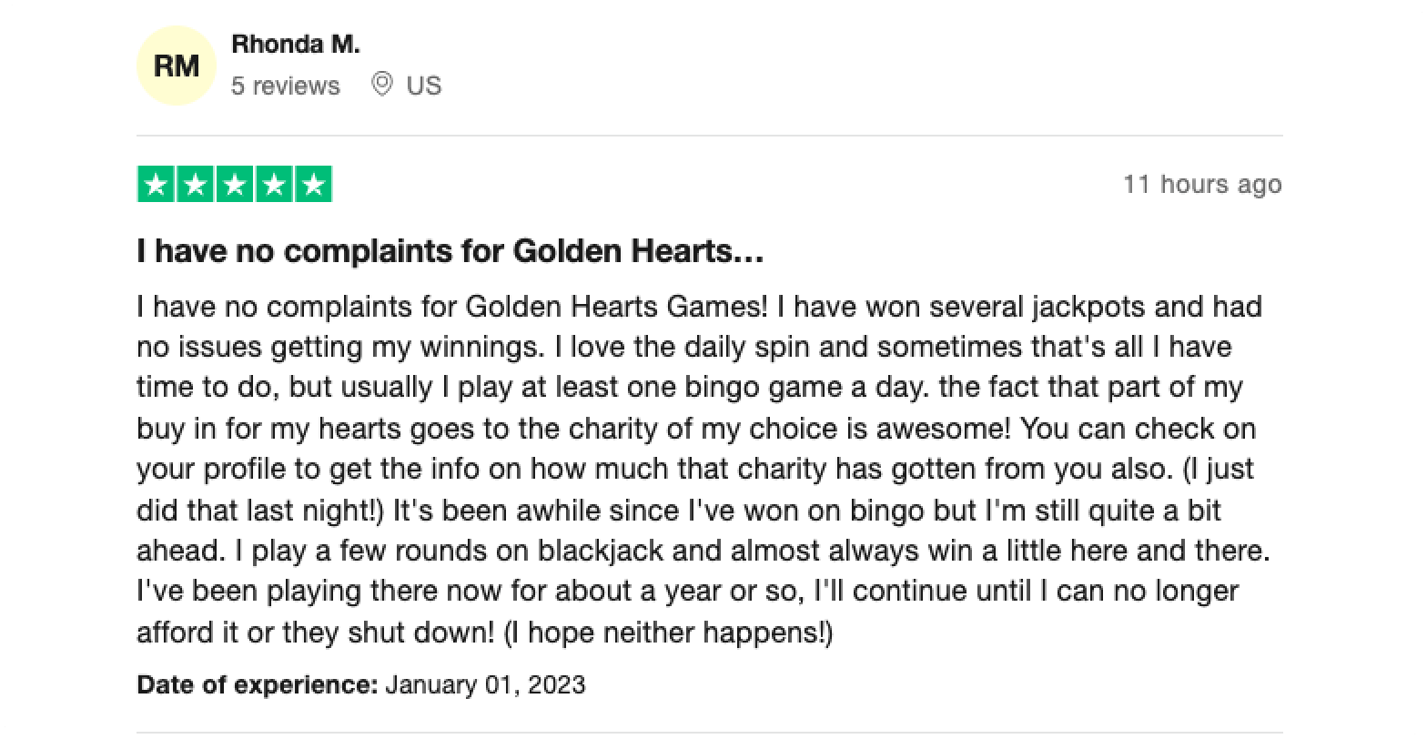 Trustpilot rating screenshot for Golden Hearts Sweepstakes Casino