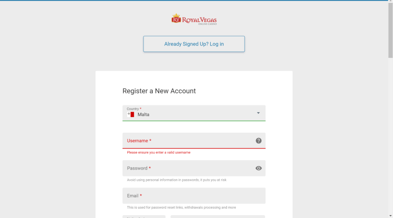 Royal Vegas Registration Form