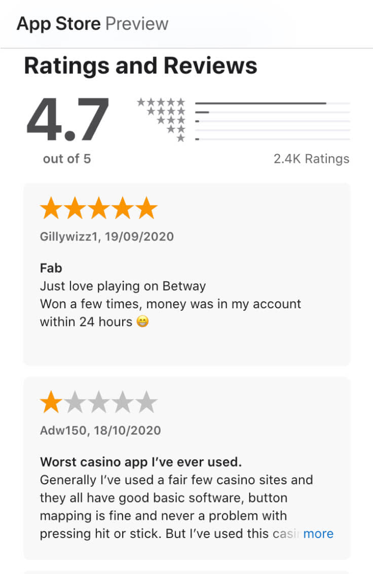 Apple App store ratings and reviews for the Betway app