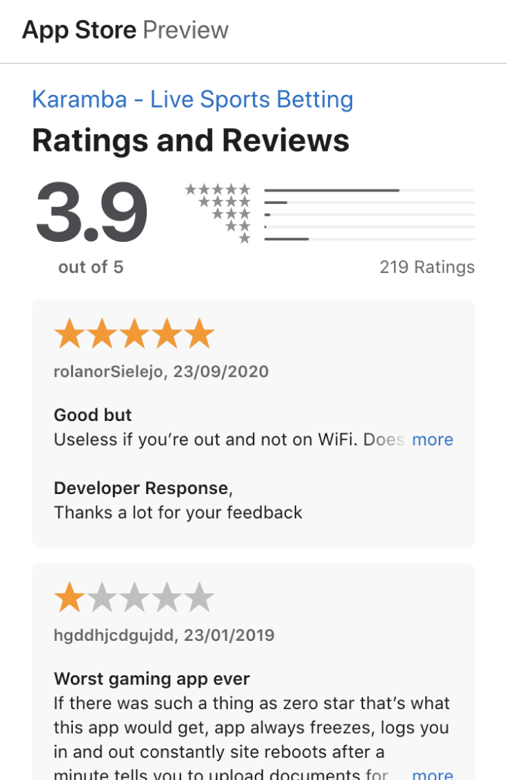 Apple Store ratings and reviews for the Karamba casino app