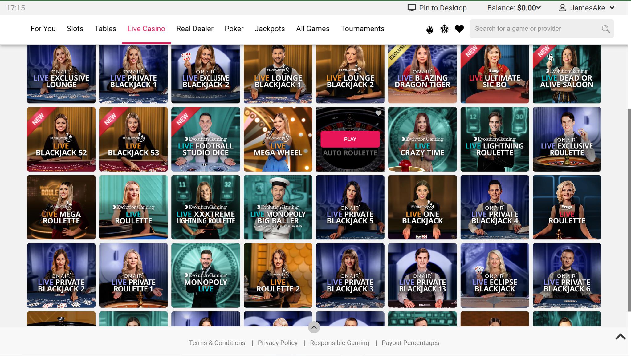 Spin Casino Live Casino Lobby