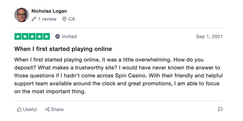 Positive review for Spin Casino on Trustpilot