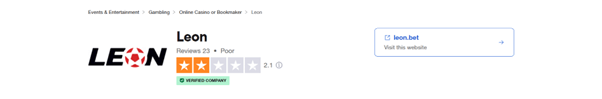 Trustpilot rating screenshot for the LeonBet