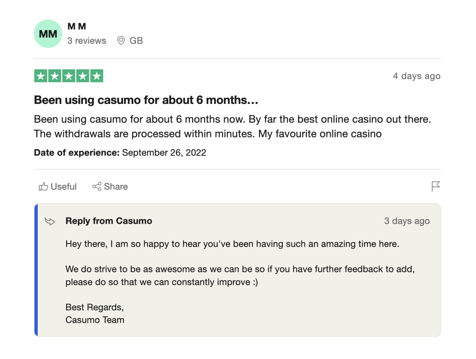 User review for the Casumo online casino on Trustpilot