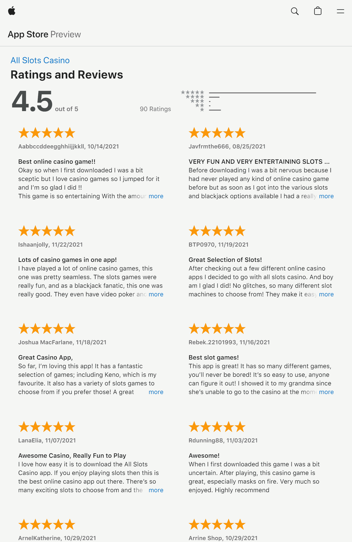 Apple App store ratings and reviews for the All Slots