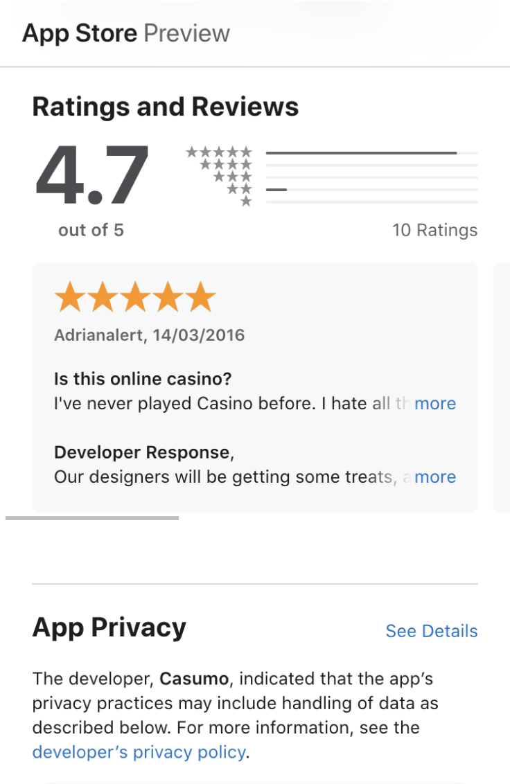 Apple App Store ratings and reviews for the Casumo online casino app