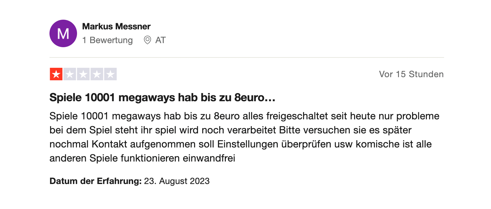 Beispiel einer Online Casino Bewertung zu 20Bet auf Trustpilot