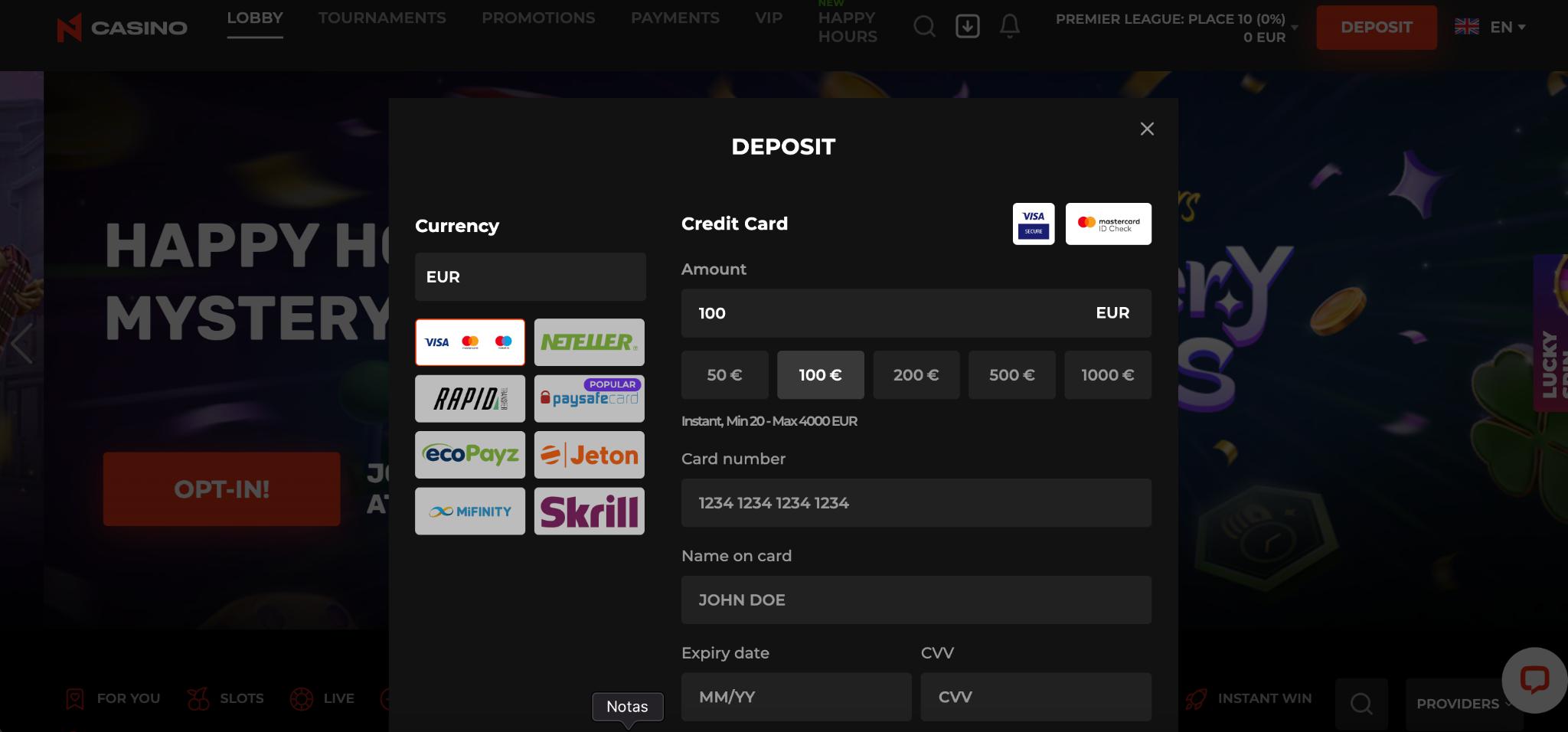 N1 Casino Deposit Page