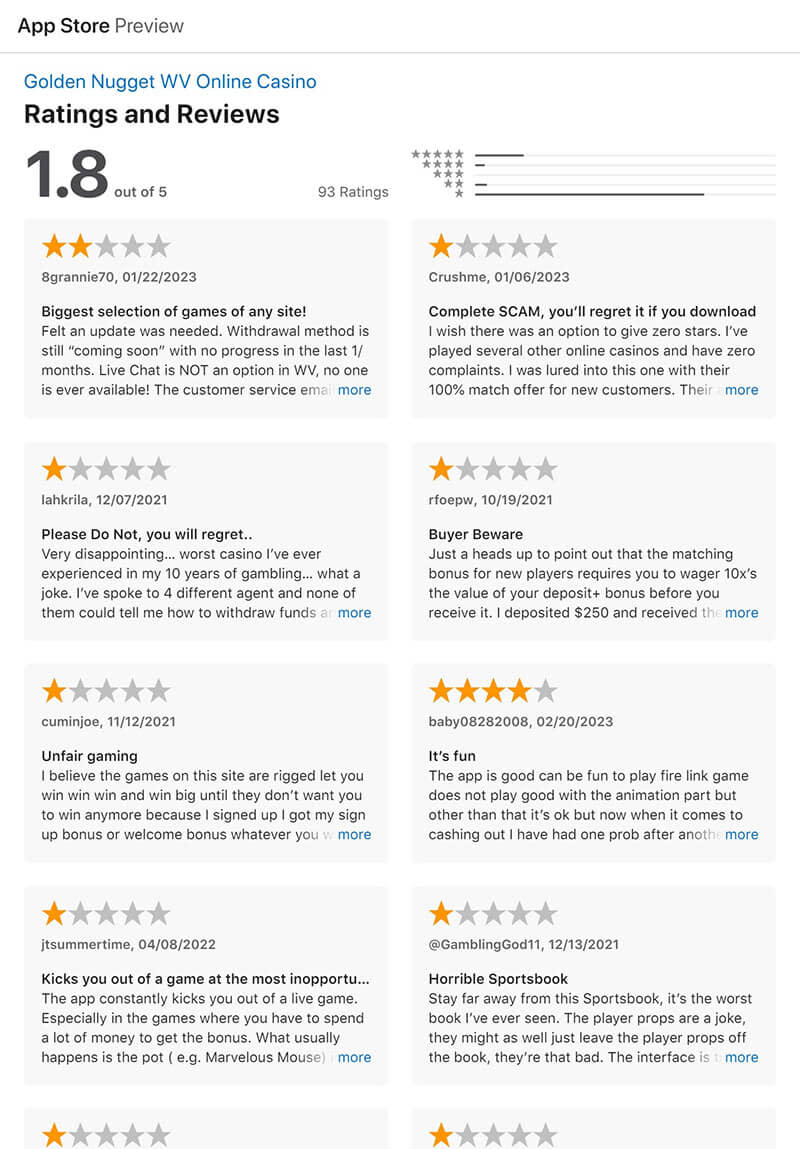 Apple App store ratings and reviews for the Golden Nugget WV