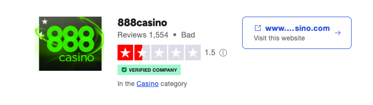 Trustpilot rating screenshot for 888 Casino