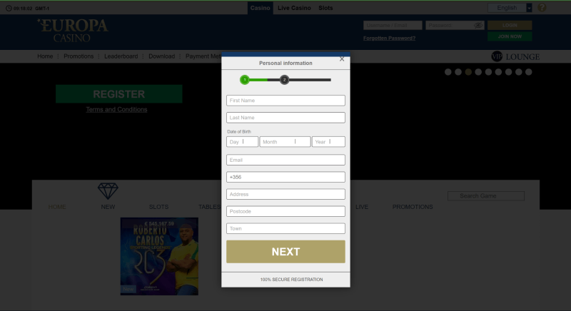 Europa Casino Registration Form