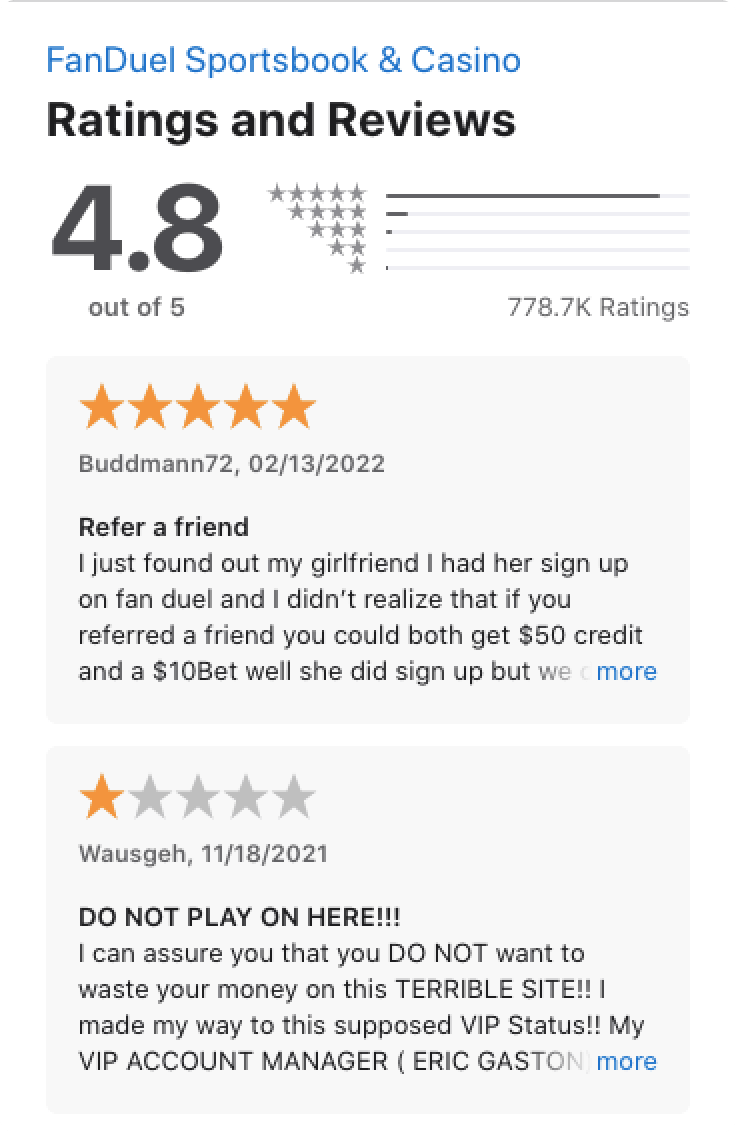 Apple App store ratings and reviews for the Fanduel app