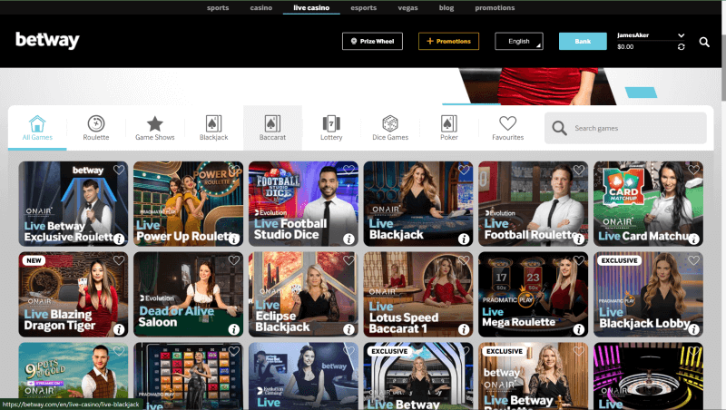 Betway Live Casino Lobby