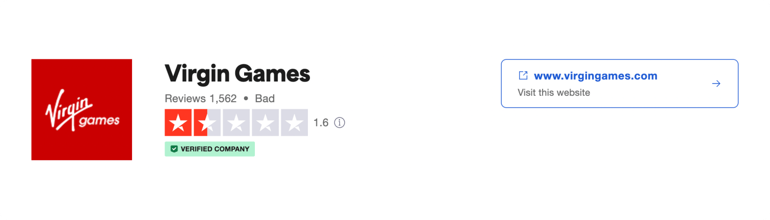 Trustpilot rating screenshot for the Virgin Games