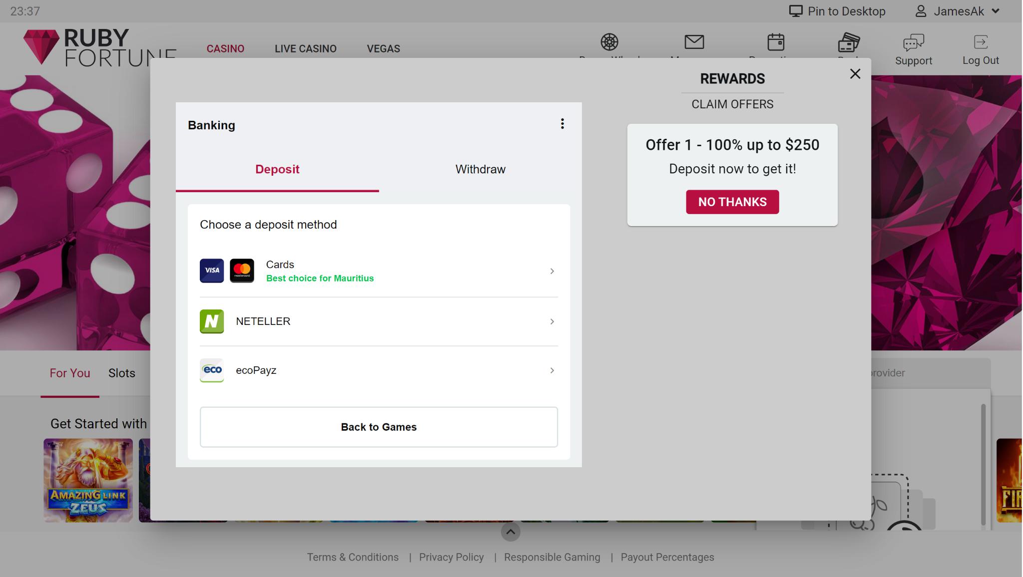 Ruby Fortune Deposit Page