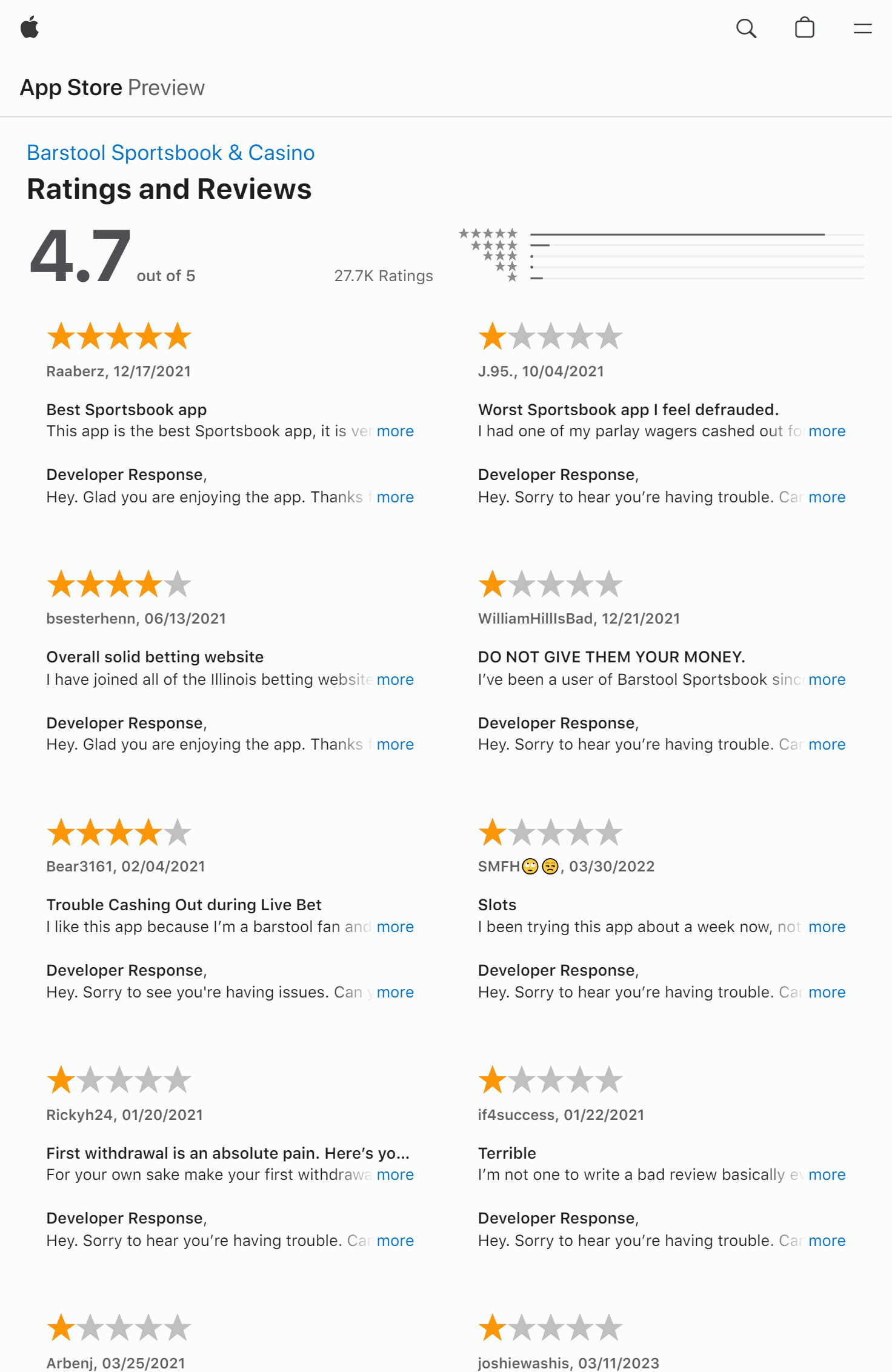Apple App store ratings and reviews for the Barstool PA