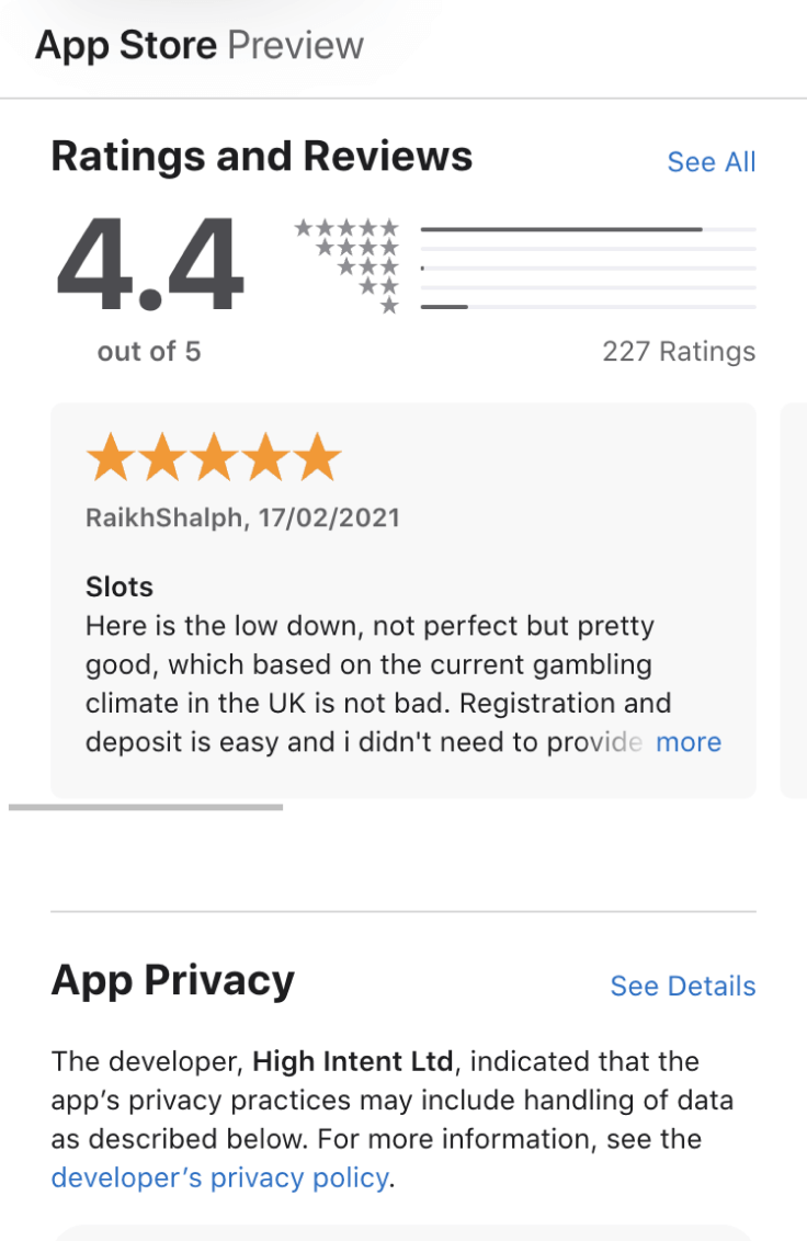 User ratings for the Dream Vegas online casino on the App Store