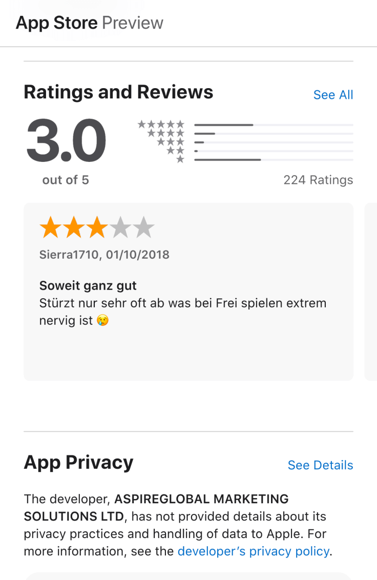 Bewertung für das Karamba Online Casino im Apple App Store