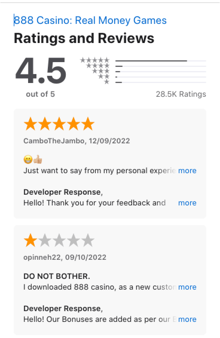 Apple App store ratings and reviews for the 888 Casino app