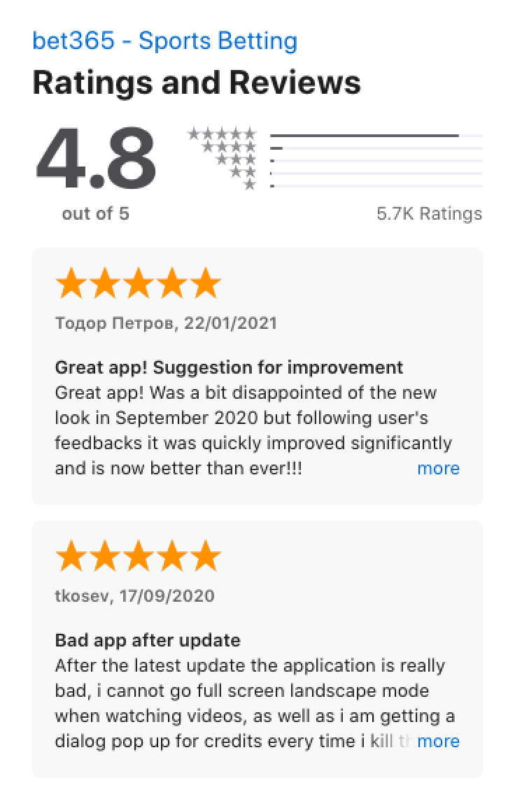 Apple App store ratings and reviews for the Bet365 app