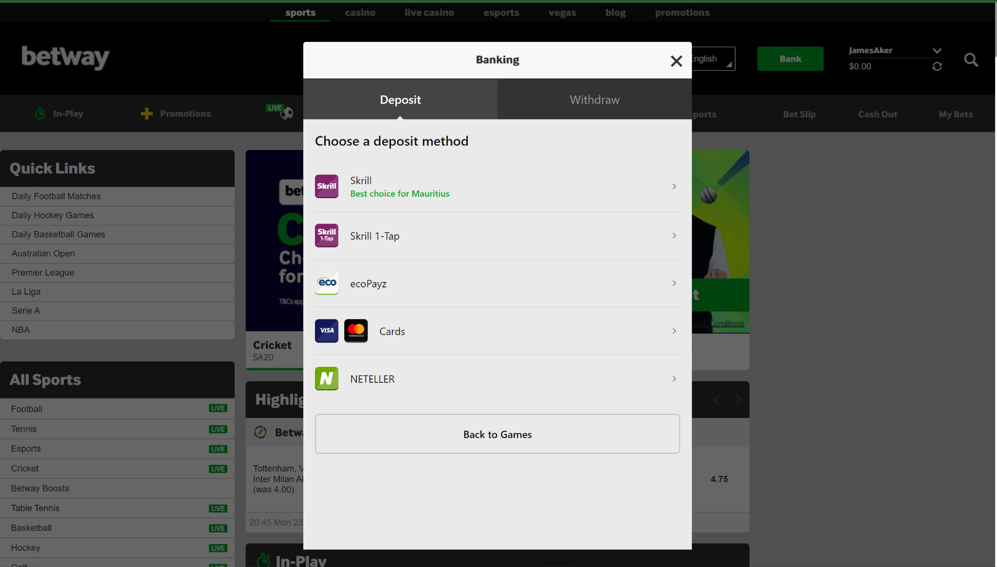 Betway Deposit Page