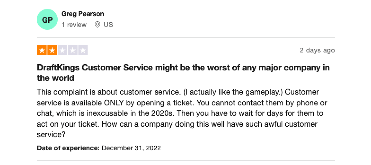 Trustpilot rating screenshot for DraftKings