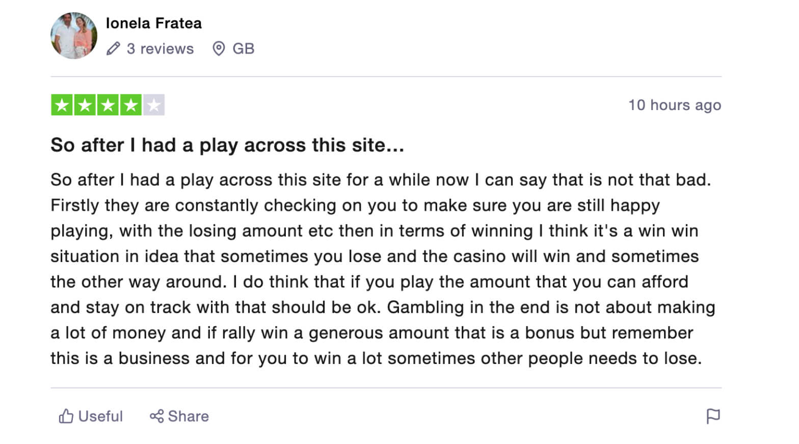 Example user review for Mansion Casino on Trustpilot
