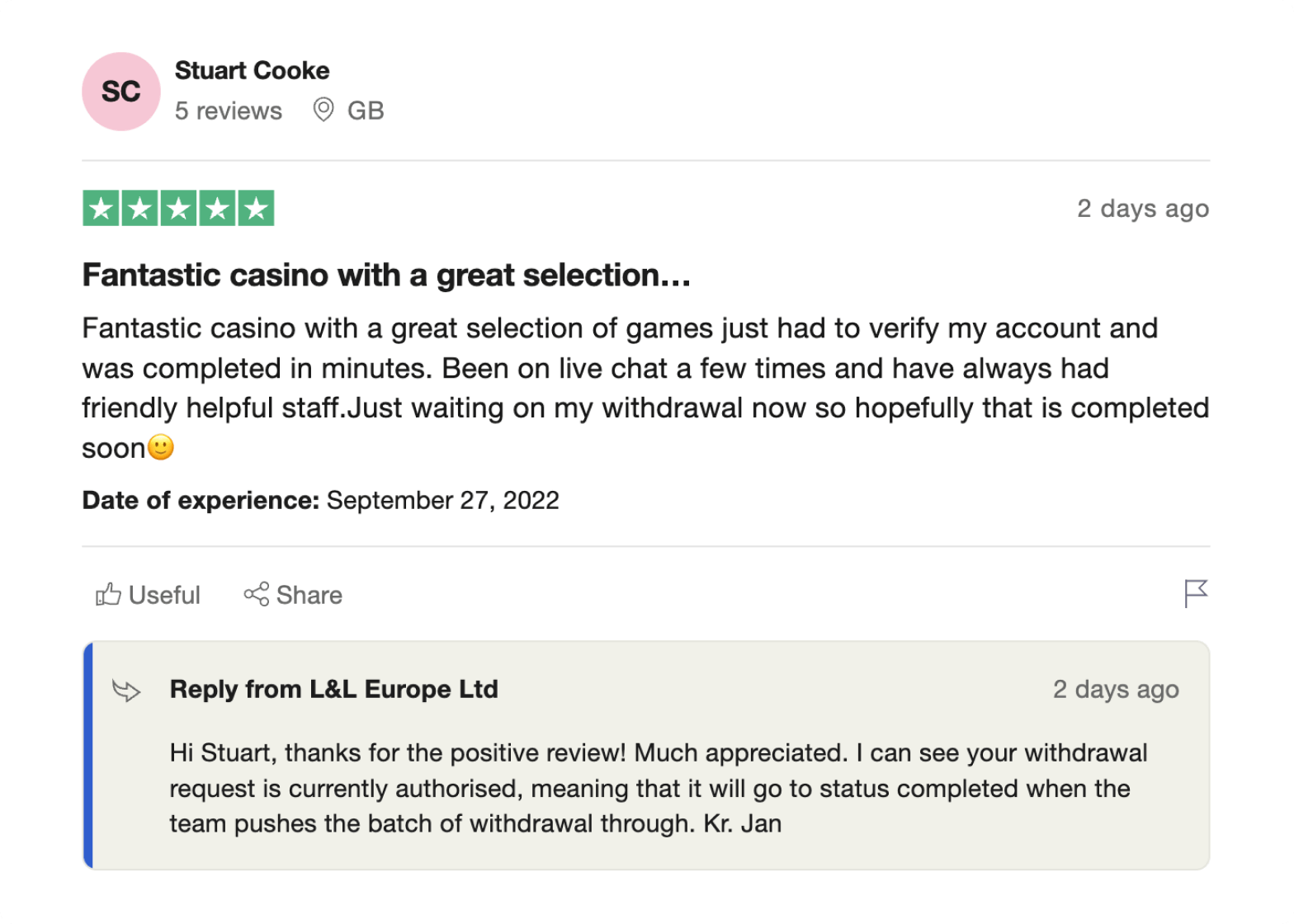 User review and company comment on Trustpilot for the All British Casino parent company