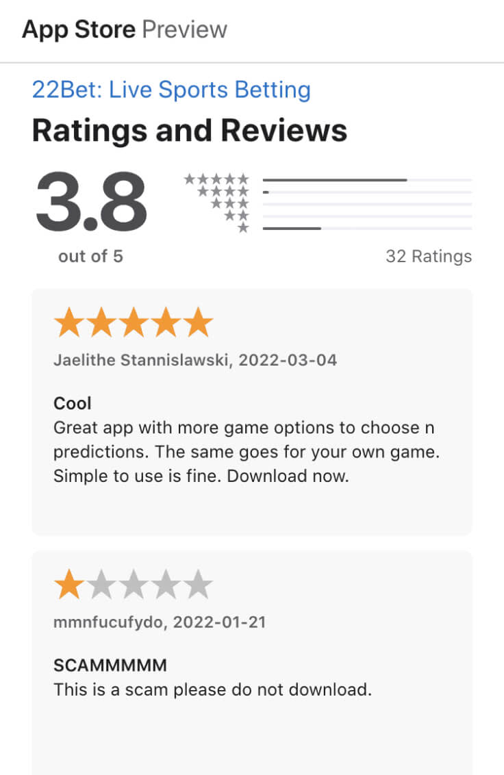 22Bet Apple App Store ratings and reviews