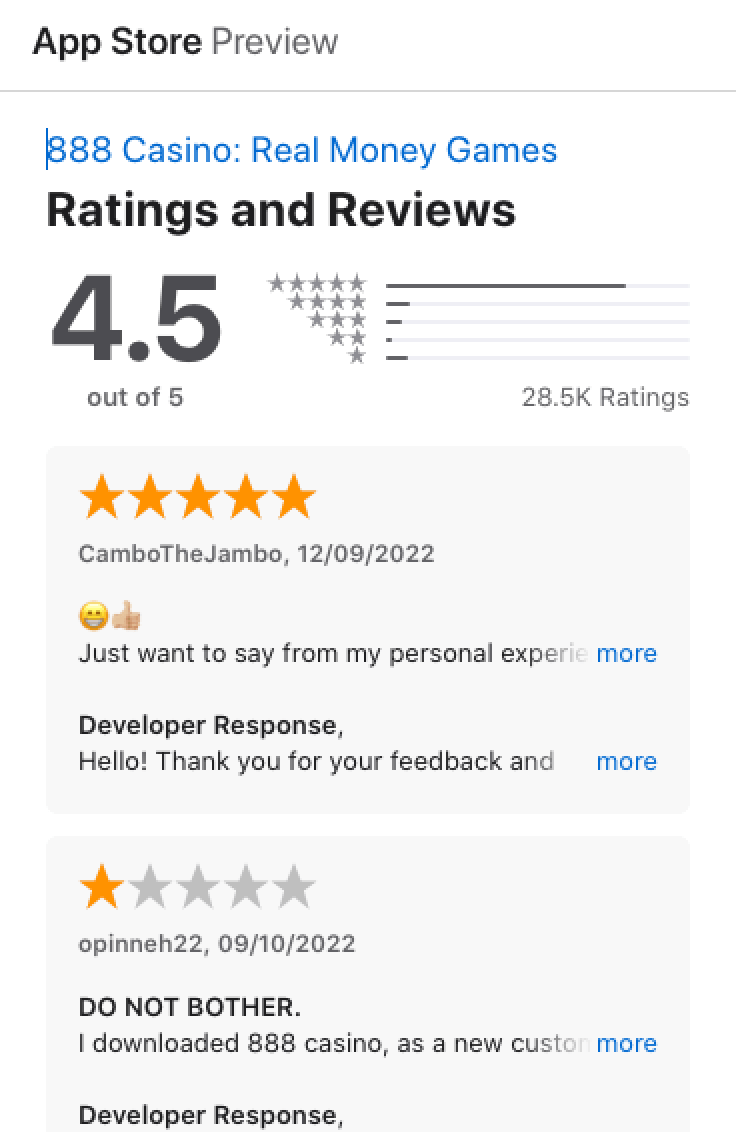 Apple App store ratings and reviews for the 888 casino app