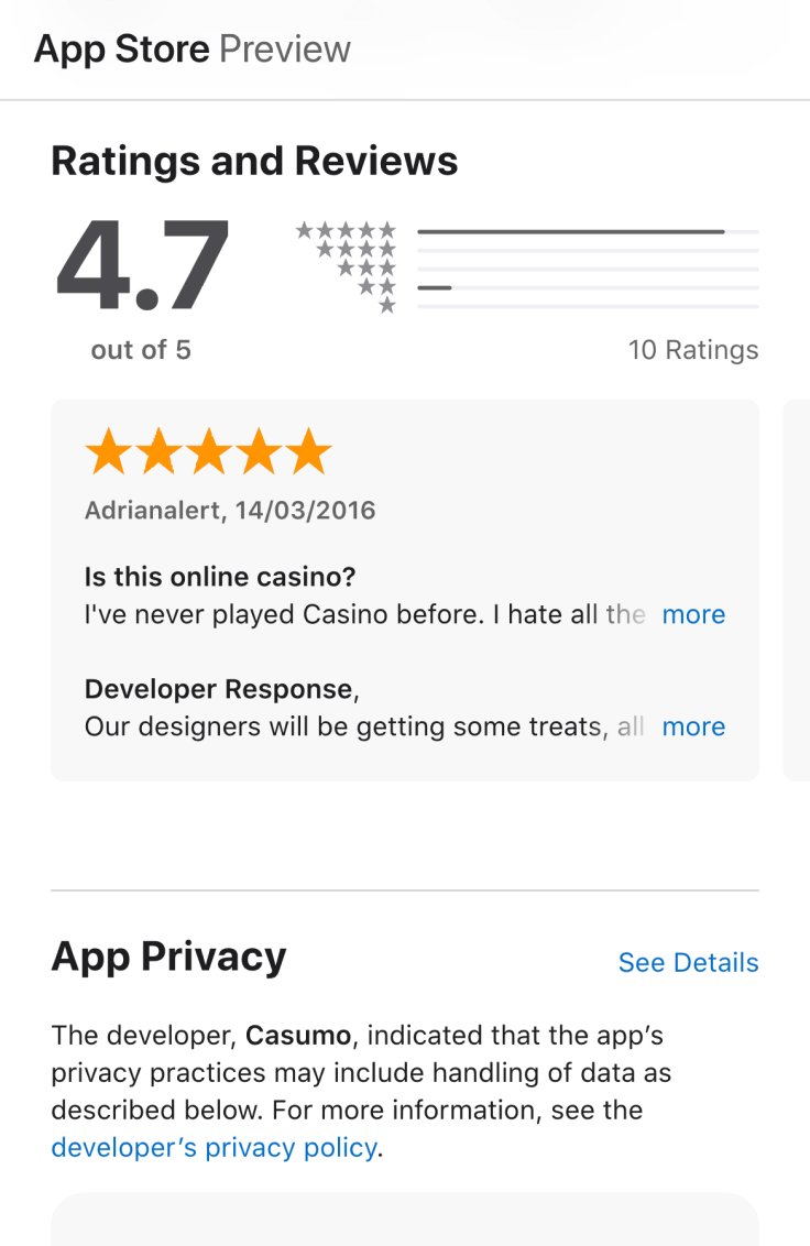 Bewertungen für das Casumo Online Casino im Apple App Store