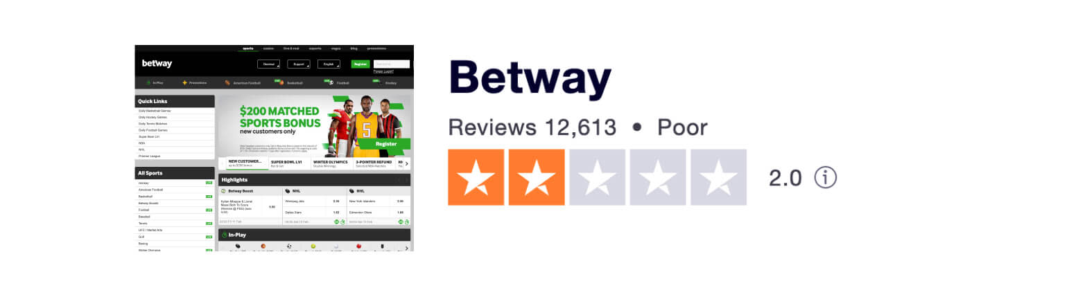 Trustpilot user rating for Betway