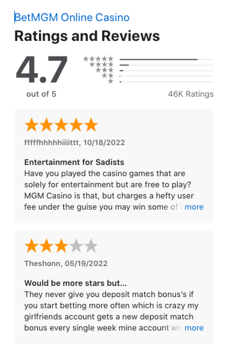 Apple App store ratings and reviews for the BetMGM app