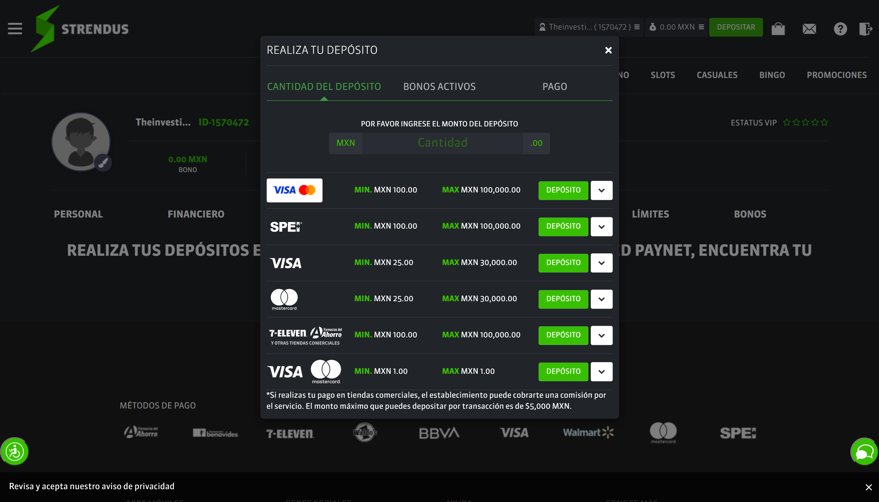 MX Strendus Métodos de pago depósitos y retiros