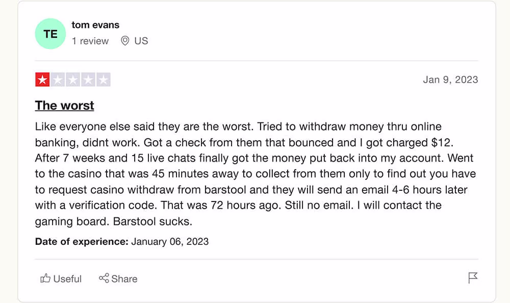 Trustpilot rating screenshot for the Barstool MI