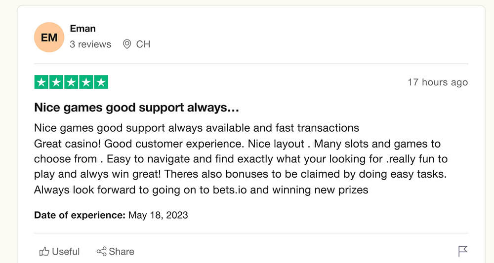 Trustpilot rating screenshot for the Bets.io