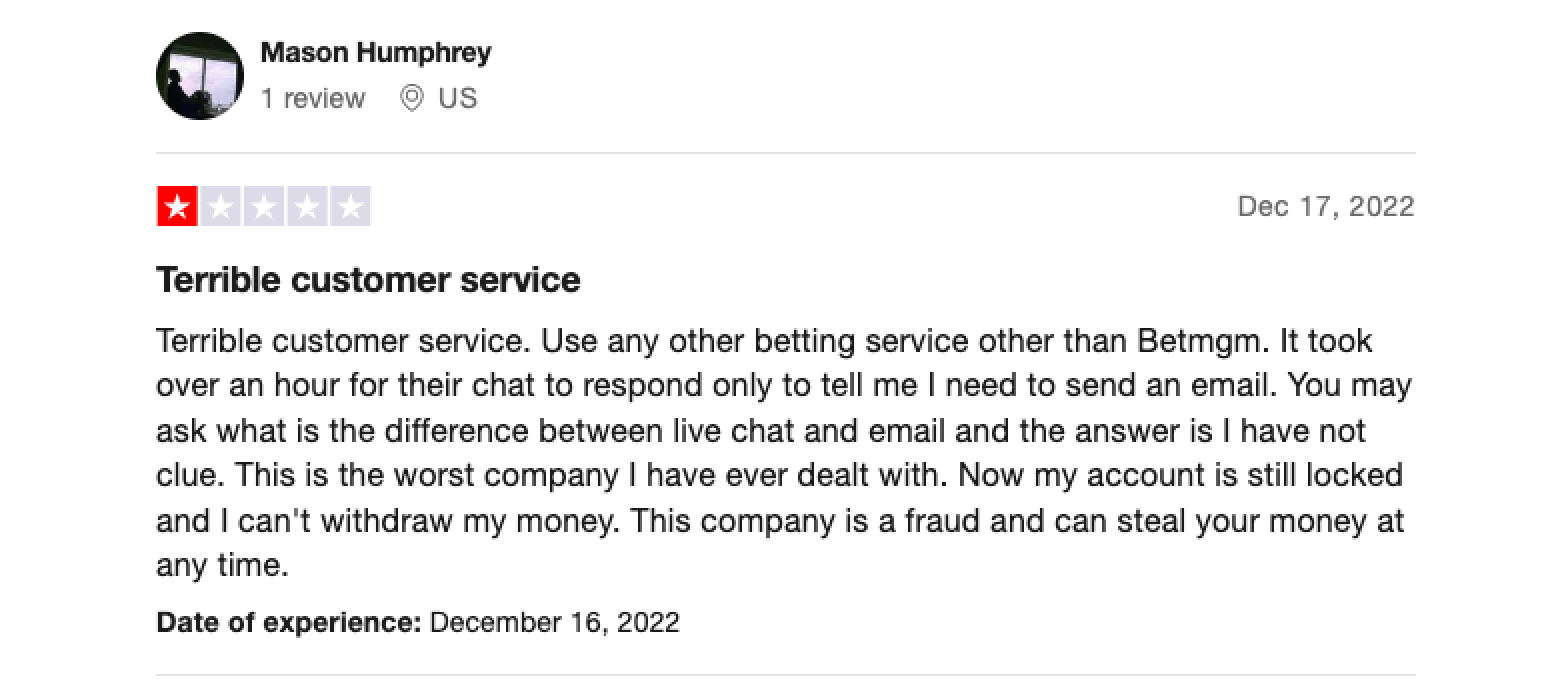 Trustpilot rating screenshot for BetMGM