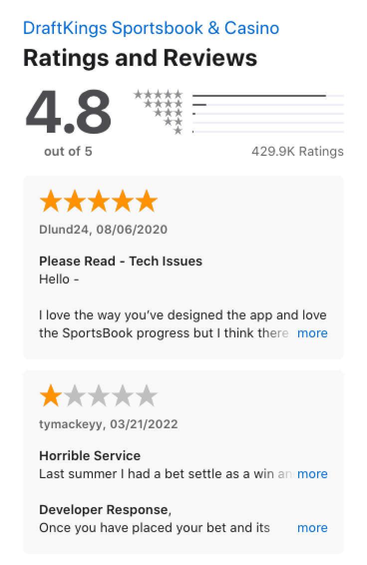Apple App store ratings and reviews for the DraftKings app