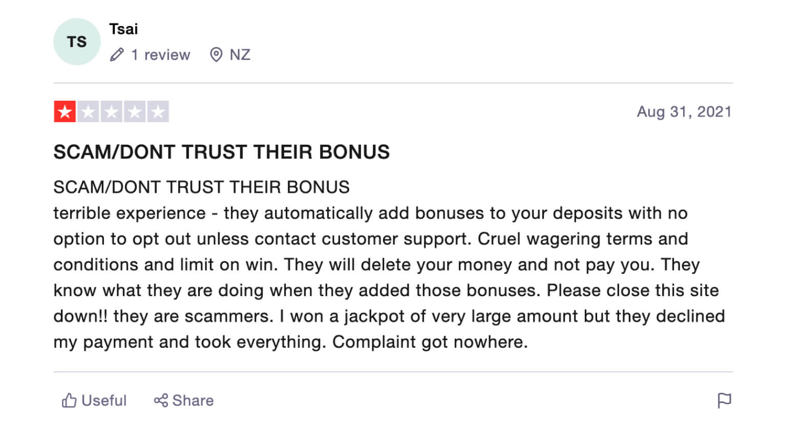 Trustpilot user review for Magic Red online casino